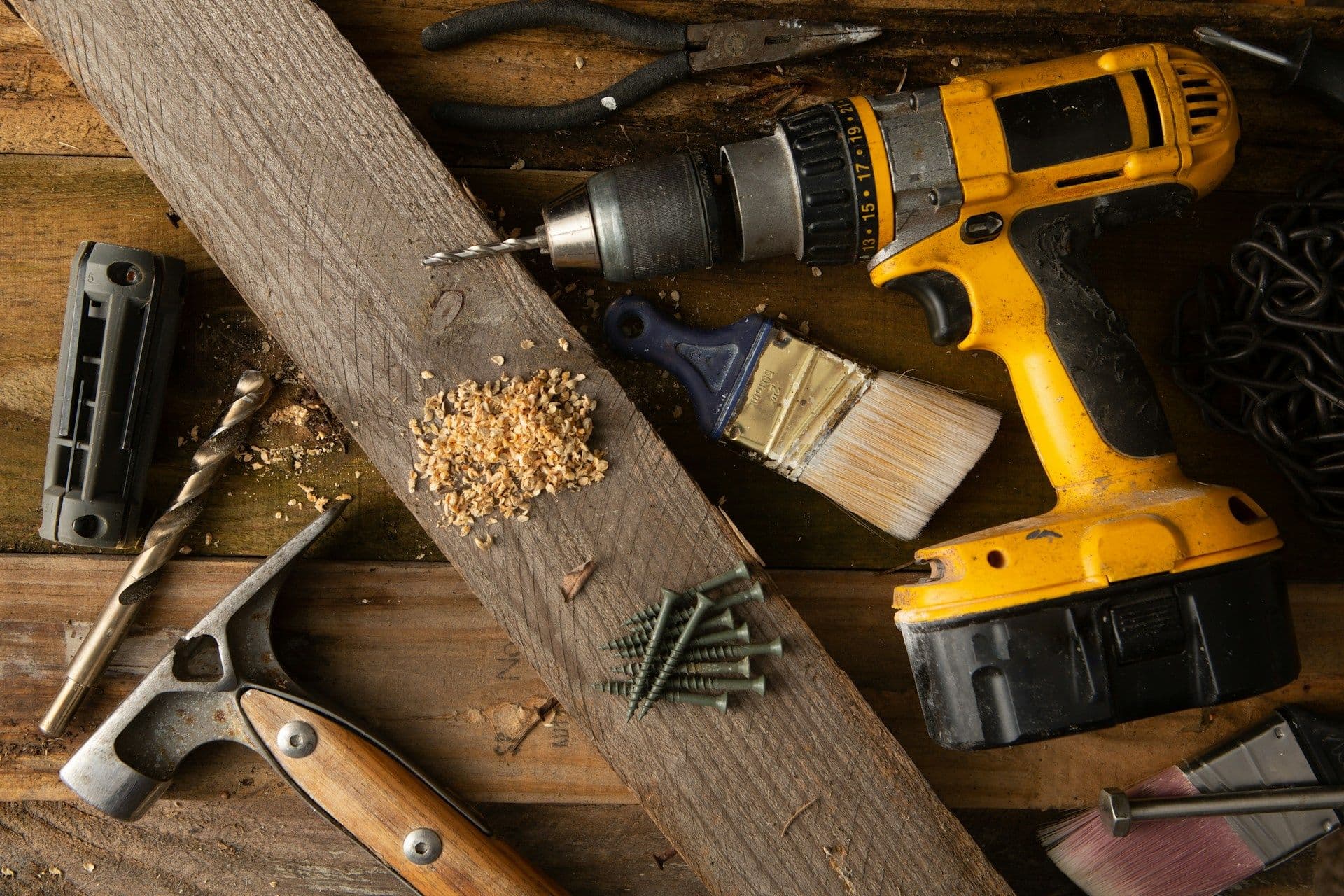 Various tools on a workbench.